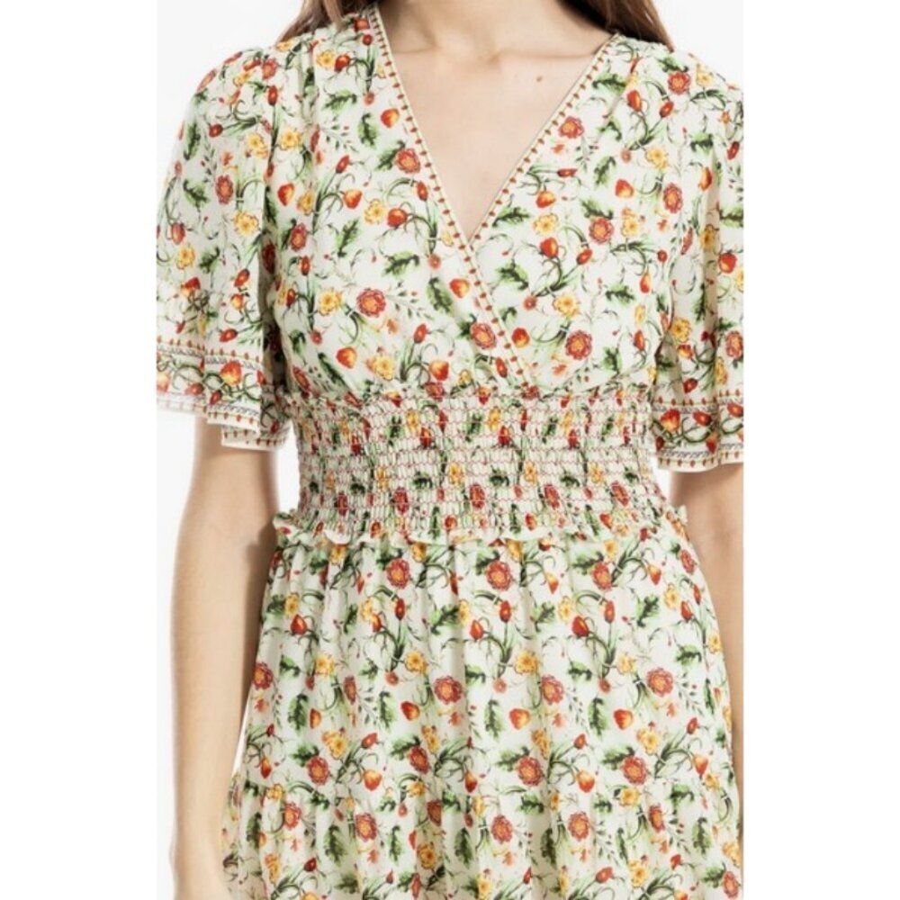 💕MAX STUDIO💕 Short Bell Sleeve Fit & Flare Dress Floral Foliage Large L NWT - Picture 4 of 14